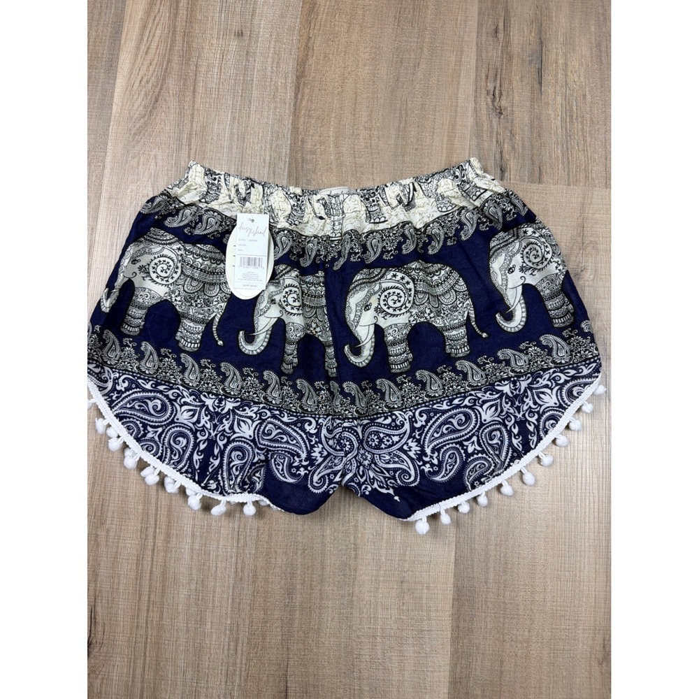 Daisy Island Womens Navy Elephant Paisley‎ Pom Pom Trim Shorts Size XS Boho